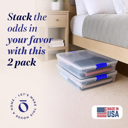 HOMZ 2-Pack Under Bed Storage, Clear Plastic Containers with Lids, 60 Quart, Gray Latch - Stackable Underbed Organizer Bins for Shoes, Bags, Clothes, and Towels