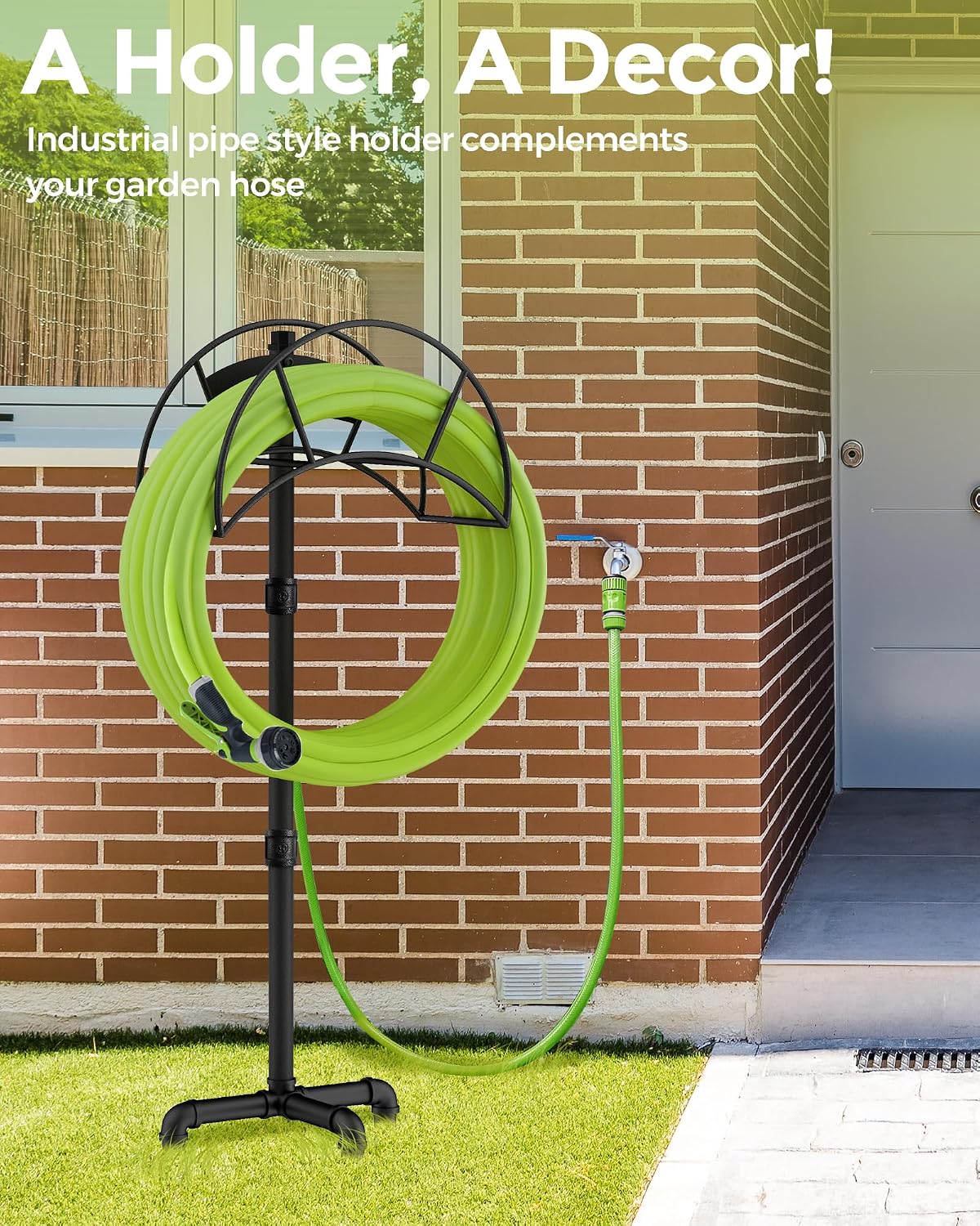LAND·VOI Freestanding Garden Water Hose Storage Holder Stand for Outside, 160-Ft Hose Heavy Duty Metal Hanger Reel Organizer Outdoor Yard Lawn, Standing Keeper Rack with Ground Stake, Black GHH01B