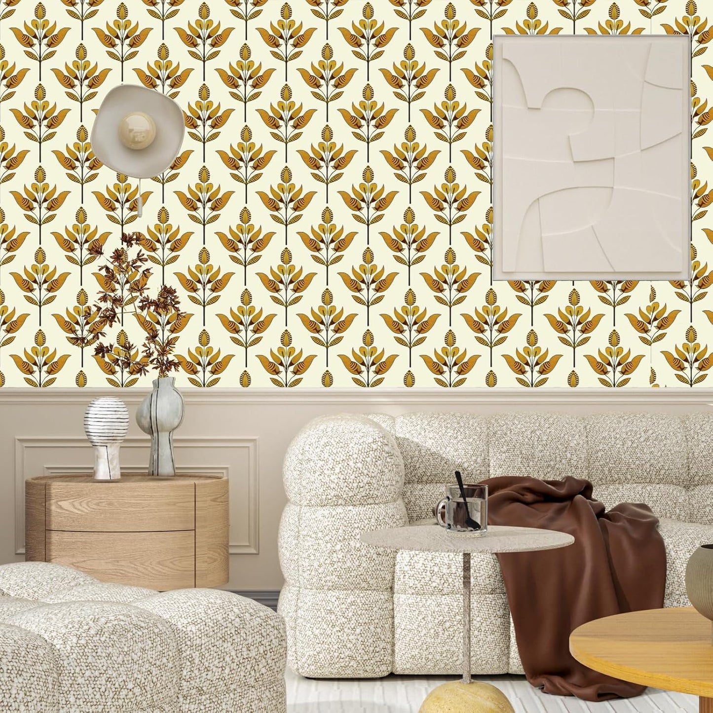 BOKEBEVE Leaves Contact Paper Floral Wallpaper Stick and Peel Boho Damask Wall Paper for Liner Drawer Cabinet Backsplash Renter Friendly Waterproof 17.5 x 118In