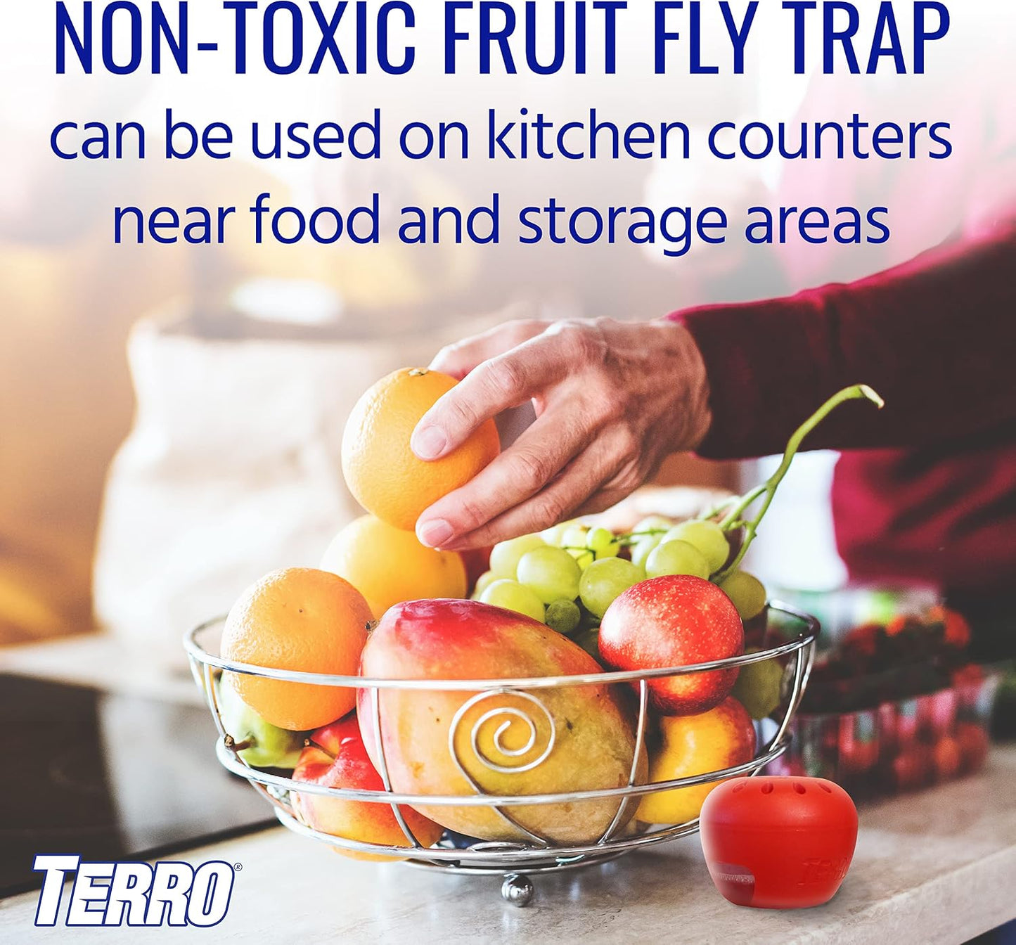 TERRO Fruit Fly Trap 4-Pack, 180 Day Lure Supply, Food-Based Lure | Apple-Shaped Design for Kitchen Counters, Fruit Bowls, Trash Cans, Food-Based Lure, Indoor Pest Control, Fruit Fly Killer