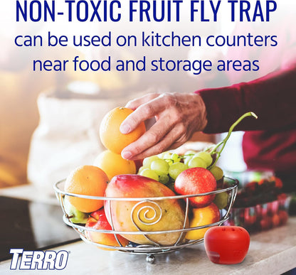 TERRO Fruit Fly Trap 4-Pack, 180 Day Lure Supply, Food-Based Lure | Apple-Shaped Design for Kitchen Counters, Fruit Bowls, Trash Cans, Food-Based Lure, Indoor Pest Control, Fruit Fly Killer