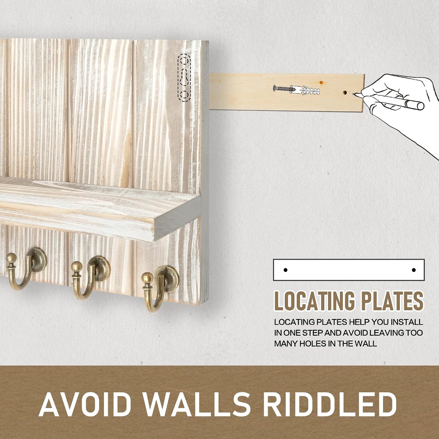 Rebee Vision Decorative Key Holder Wall Mount - Rustic Key Holder for Wall with Shelf and Mail Organizer for Living Room Decor - Home Essentials for Home Improvement (Brown, 3.54" x 10" x 7.28")