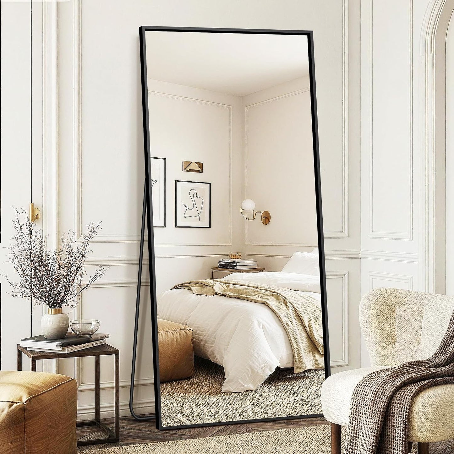 FICTOR Full Length Mirror with Stand, Floor Standing Mirror Full Body, HD Shatterproof Black Frame Wall Mirror for Bedroom, Living Room, Dressing Room & Entryway, 56"x15"