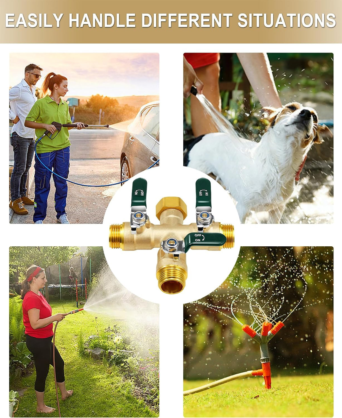 EBH Garden Hose Splitter 2 Way, Heavy Duty Solid Brass Hose Splitter with Shutoff Valves, Water Spigot Splitter With 304 Stainless Steel Handle, Full Flow Outdoor Faucet Splitter, 3/4" GHT Thread