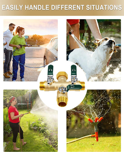 EBH Garden Hose Splitter 2 Way, Heavy Duty Solid Brass Hose Splitter with Shutoff Valves, Water Spigot Splitter With 304 Stainless Steel Handle, Full Flow Outdoor Faucet Splitter, 3/4" GHT Thread