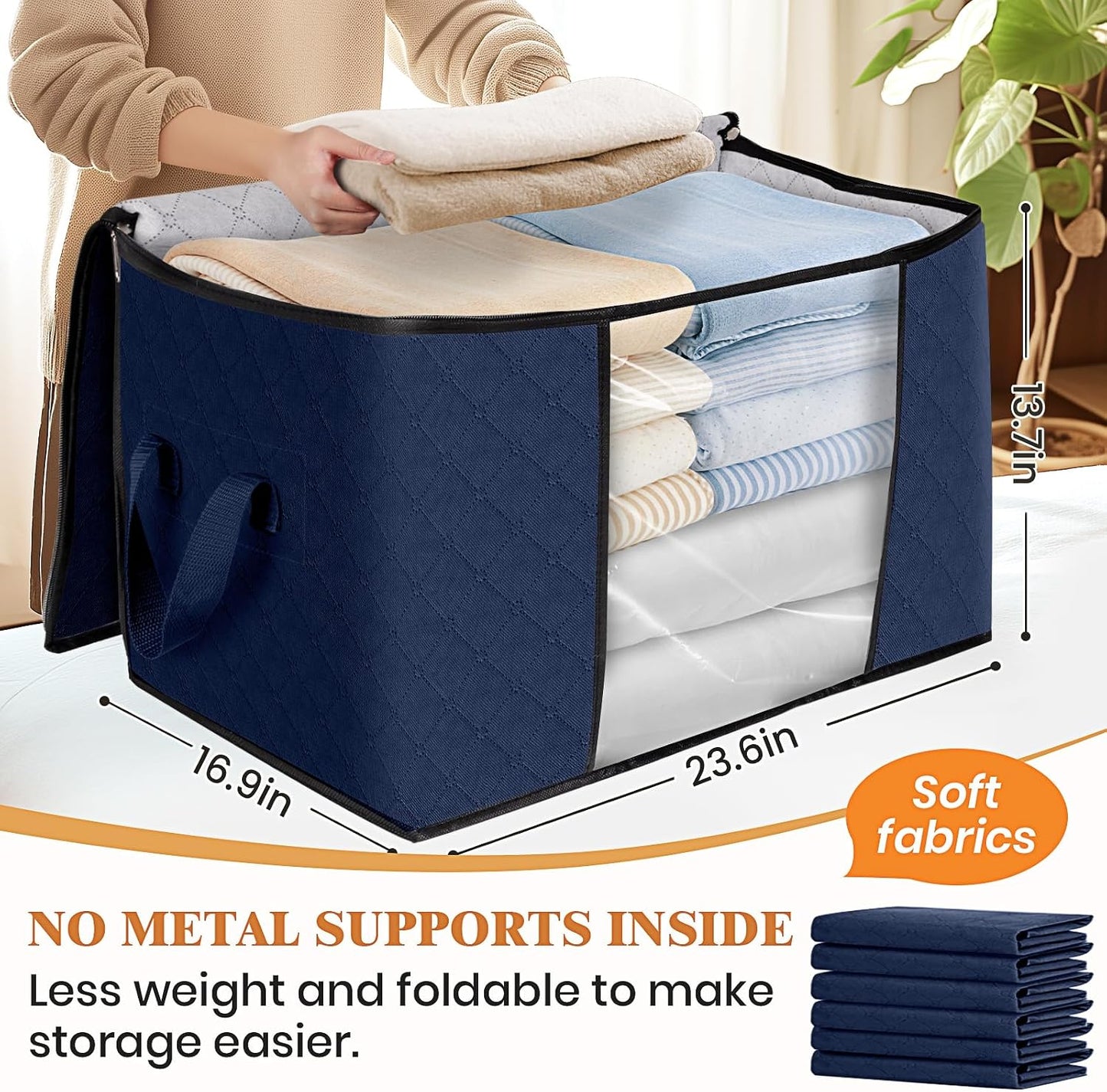 Fab totes 6 Pack Storage Bags for Clothes and Blanket, Foldable Closet Organizers and Storage with Zippers, Clear Window and Handles, Fabric Storage Bins for Sweater, Comforter, Bedding,Linen Sheets