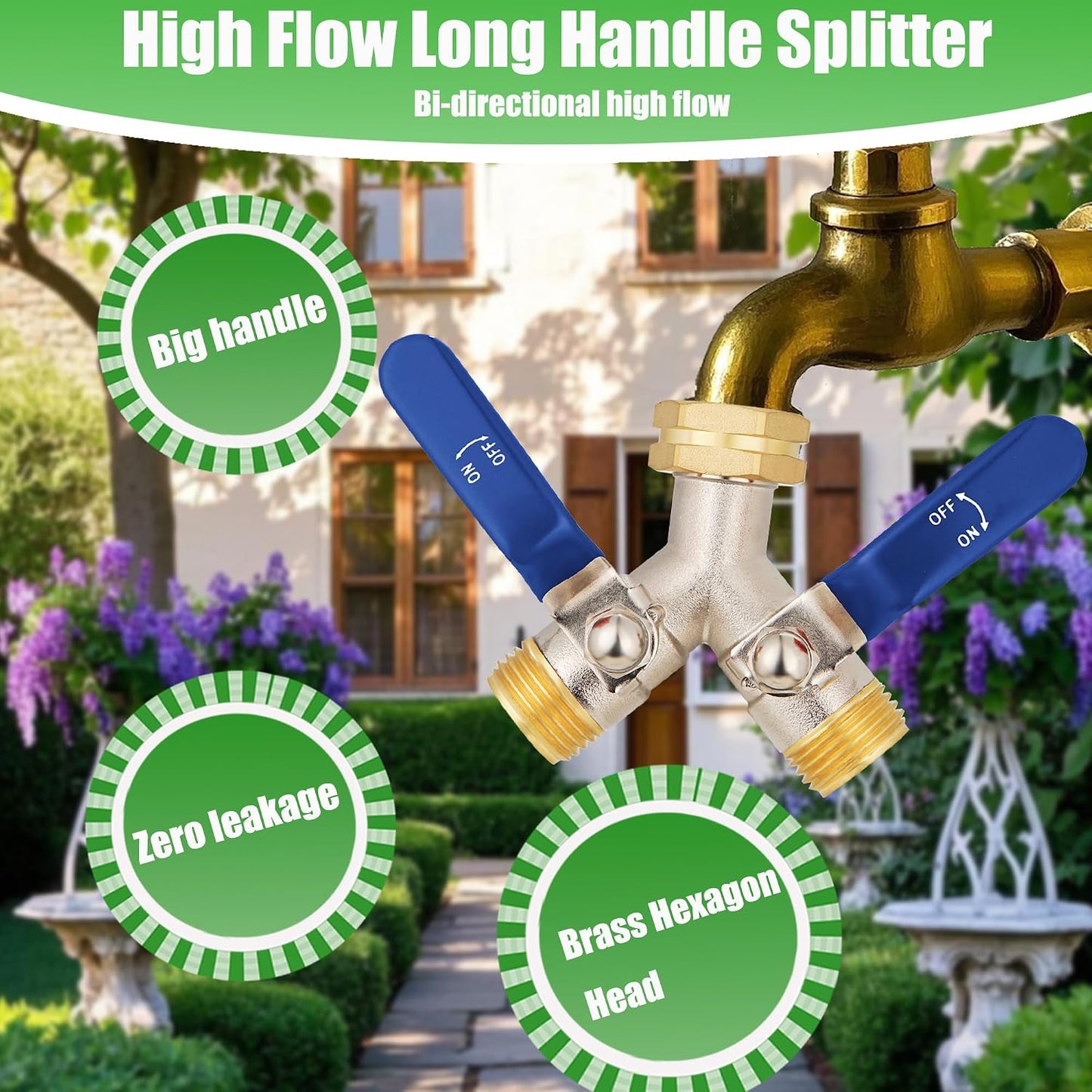 EJW Hose Splitter 2 Way, Garden Hose Splitters, 2 Way Faucet Splitter, Water Spigot Splitter, RV Brass Hose Splitter, Two way Hose Bib Splitter, Double Hose Connector, Hose Valve 3/4 Inch GHT Thread.
