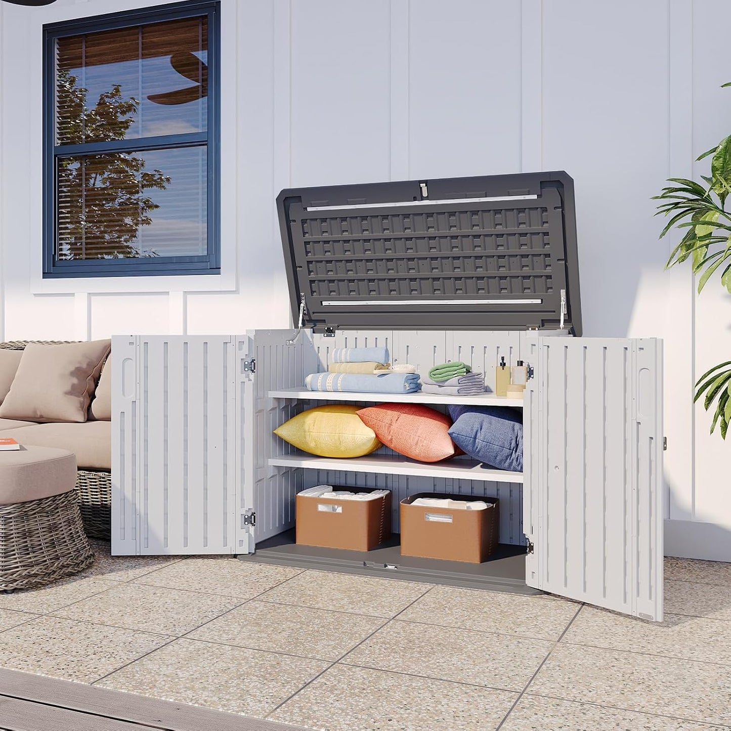 AOXUN Horizontal Storage Sheds 21 Cu.ft, HDPE Outdoor Storage Box 160 Gallon, Waterproof Lockable Resin Deck Box with Spring-Assisted Lid, Patio Storage for Garden, Pool, Cushions, Tools, White