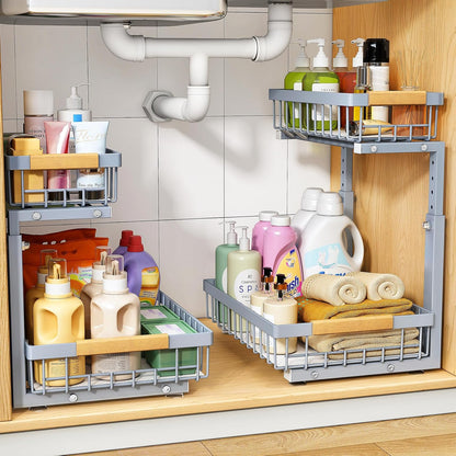 PXRACK Under Sink Organizer, Adjustable Height, 2 Tier Pull Out Under Cabinet Organizer, Slide Out Thickened Metal Under Sink Storage for Kitchen Bathroom Laundry Pantry Cabinet, White, Large-1-Pack