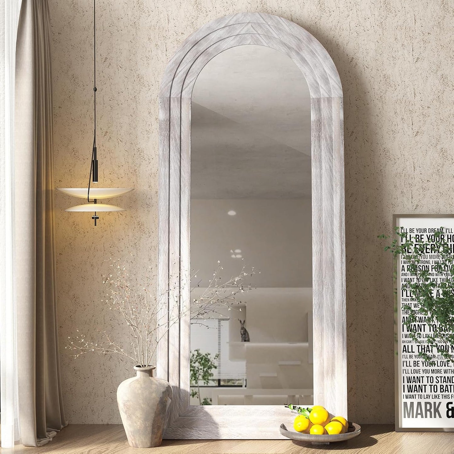 ZHUNFA Arched Full Length Mirror with Solid Wood Frame | 65x22 Farmhouse Wall Mirror Full Length with Stand, Vertical Hanging, Leaning Standing for Bedroom,Living Room, Rustic White