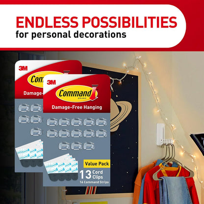 Command Round Cord Clips, Damage-Free Hanging Cable Clips, No Tools Wall Clips for Hanging Electrical Cables of Christmas Decorations, 13 Clear Cord Clips and 16 Command Strips