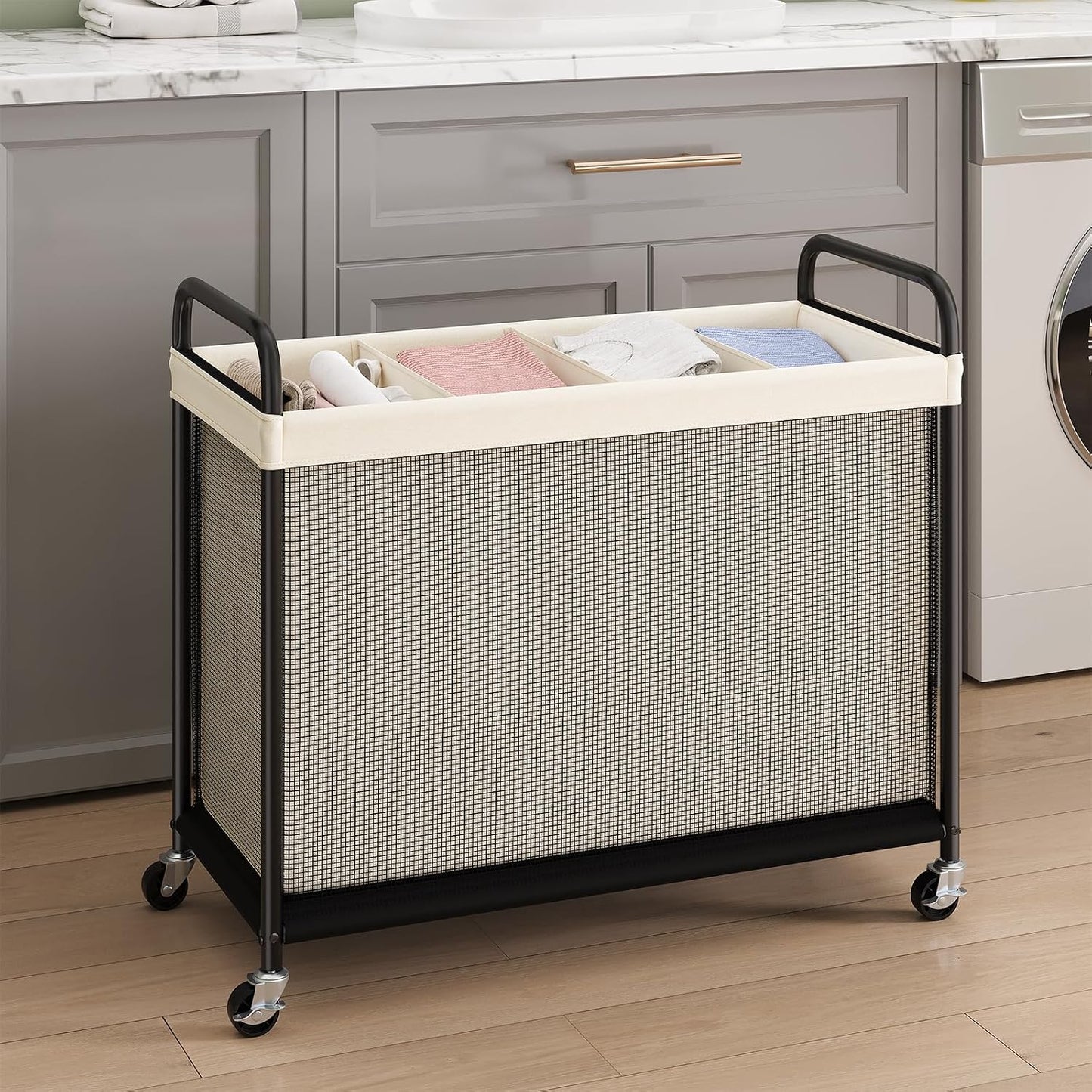 ELYKEN Laundry Hamper 3 Section, 120L Rolling Laundry Sorter with Removable Liner Bag, Laundry Basket with Wheels, Steel Frame with Metal Handle, Clothes Hamper Cart for Laundry Room & Bedroom