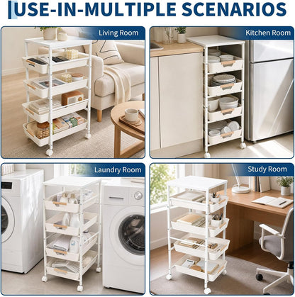 Garvee 5-Tier Slim Rolling Storage Cart, 12.6" Wooden Top Narrow Kitchen Carts on Wheels with Pull-Out Baskets, Mobile Shelving Unit Organizer for Kitchen, Bathroom, Laundry Room, Small Spaces