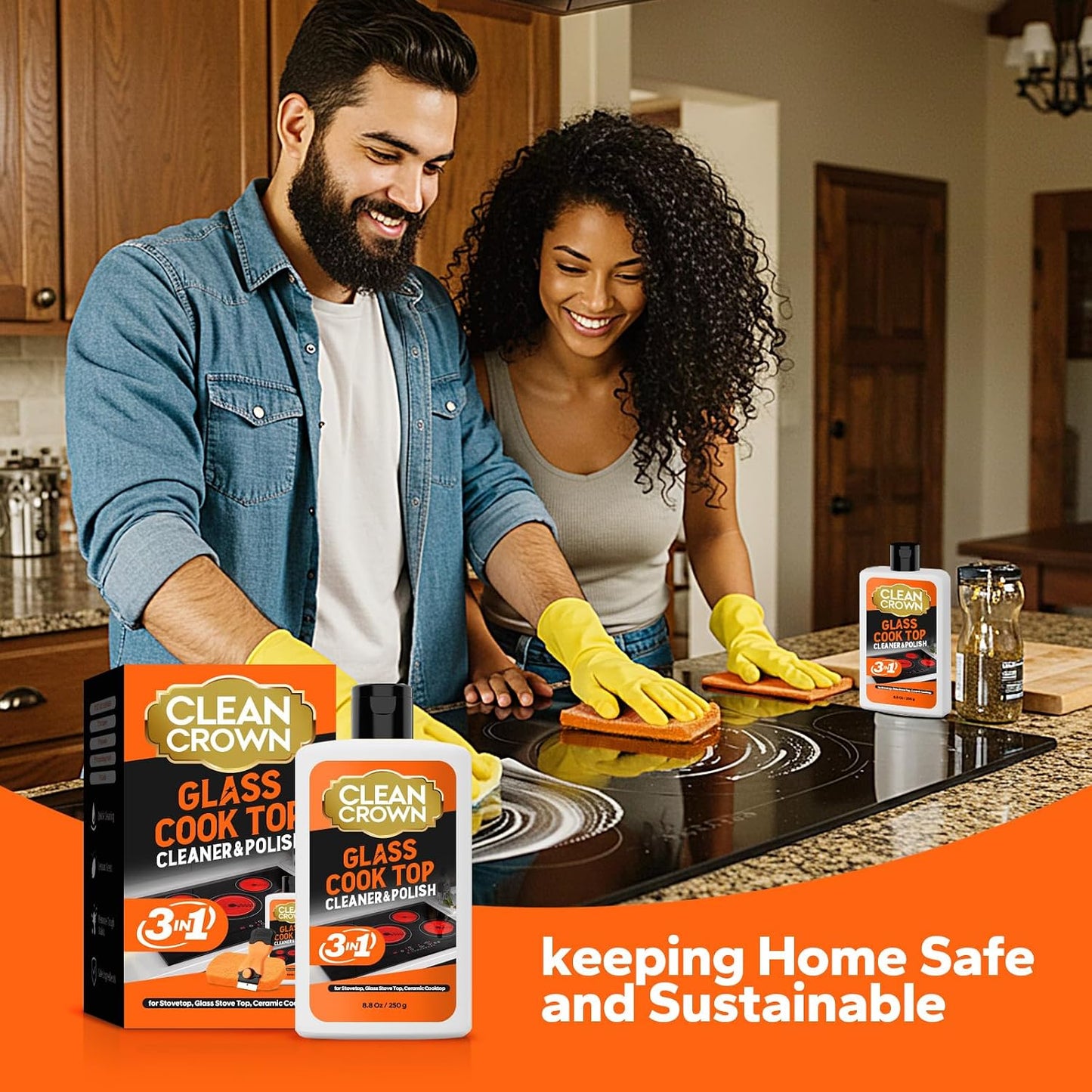 3-in-1 Cooktop Cleaner Kit (8.8 Oz Cooktop Cleaner + Scrubbing Pad + Scraper), Stovetop Cleaner for Electric Top Stoves, Ceramic Cooktops & Fireplace Glass, Remove Burned on Food, Grease