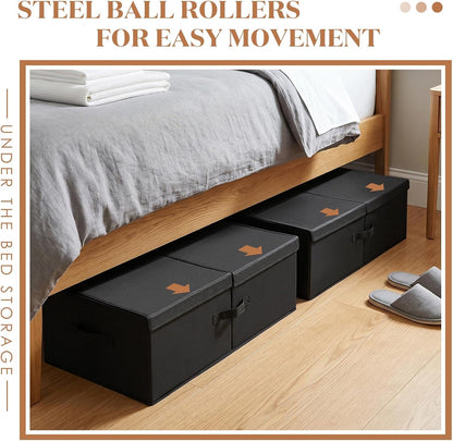 Geelin 4 Pack Under Bed Storage with Wheels, 10 Inch Height 65L Large Capacity Foldable Underbed Storage Bins with Lids & Handles, Easy Assembly Rolling Under Bed Containers for Clothes Blankets Shoes