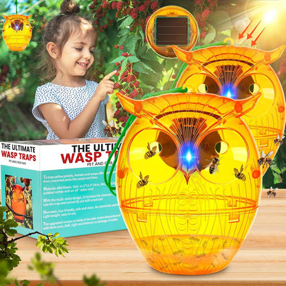 Solar Wasp Trap, Owl-Shaped Outdoor Hanging Bee Catcher with Solar LED Light, Non-Toxic Reusable Trap for Wasps, Hornets & Yellow Jackets, 2 Pack - Orange, Ideal for Gardens & Yards