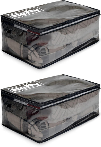 Hefty Storage Bags Extra Large Double Zipper Backpack, Heavy Duty Water Resistant Moving Totes with Shoulder Straps, Foldable Reusable Packing Organizers, 2 Pack (X-Large Black)