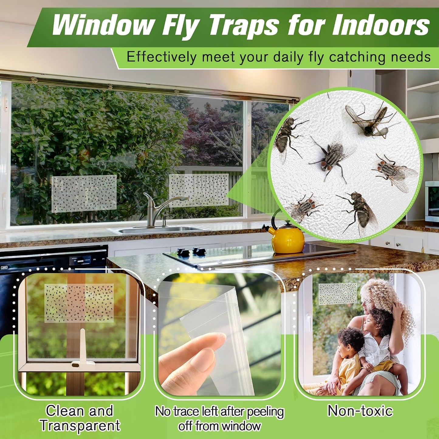 Qualirey 30 Pack XL Window Fly Traps for Indoors, Extra Large Fly Paper Sticky Strips, Waterproof & Non Toxic Clear Sticky Traps for Windows, Bug Catcher for House, Kitchen and Office(15"×3")