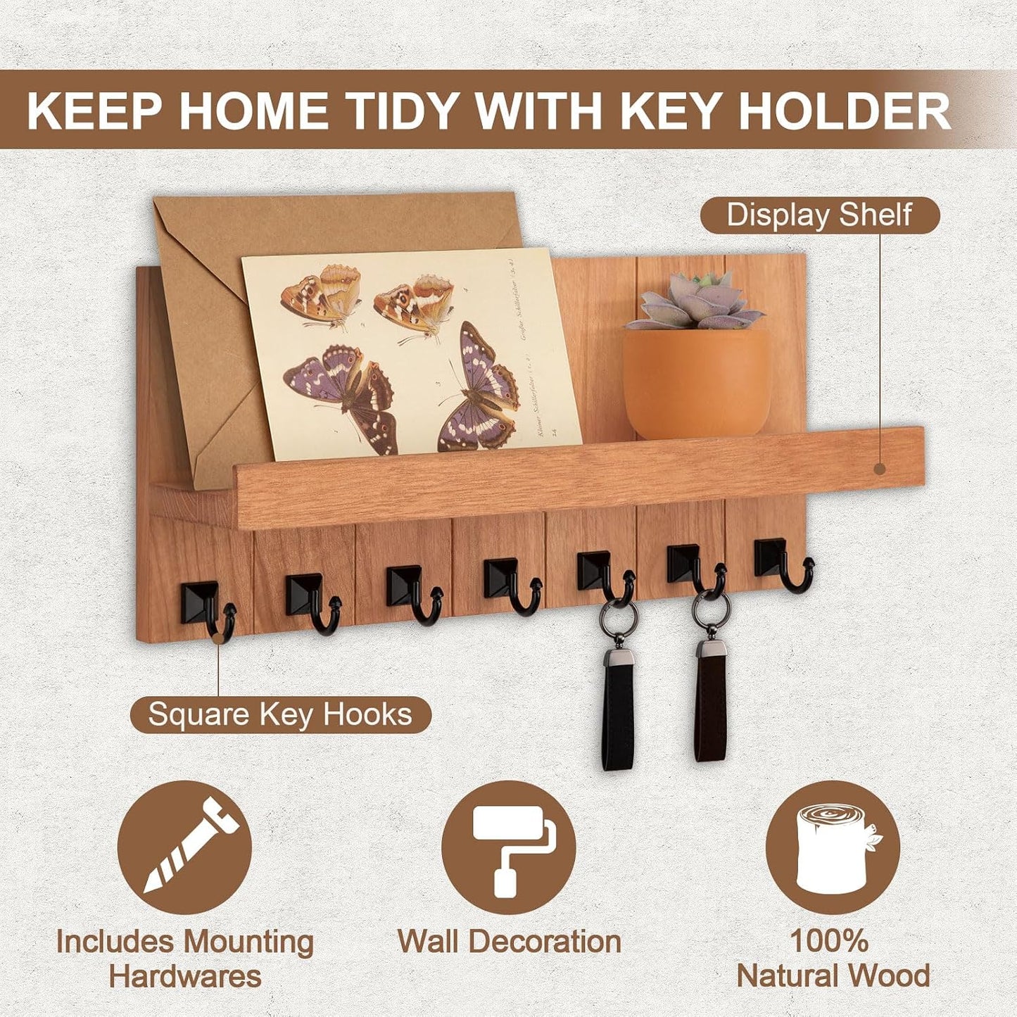 Key Holder for Wall, Decorative Key Holder with Shelf, Key and Mail Holder Wall Mount, Farmhouse Decor with 5 Key Hooks for Keys, Coats, ect.