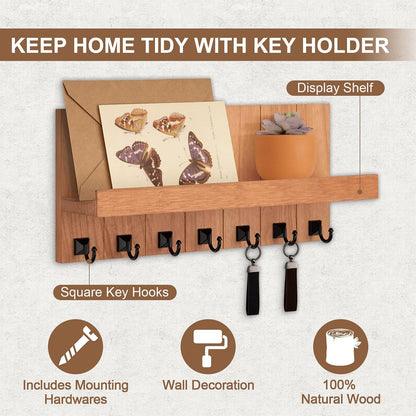 Key Holder for Wall, Decorative Key Holder with Shelf, Key and Mail Holder Wall Mount, Farmhouse Decor with 5 Key Hooks for Keys, Coats, ect.