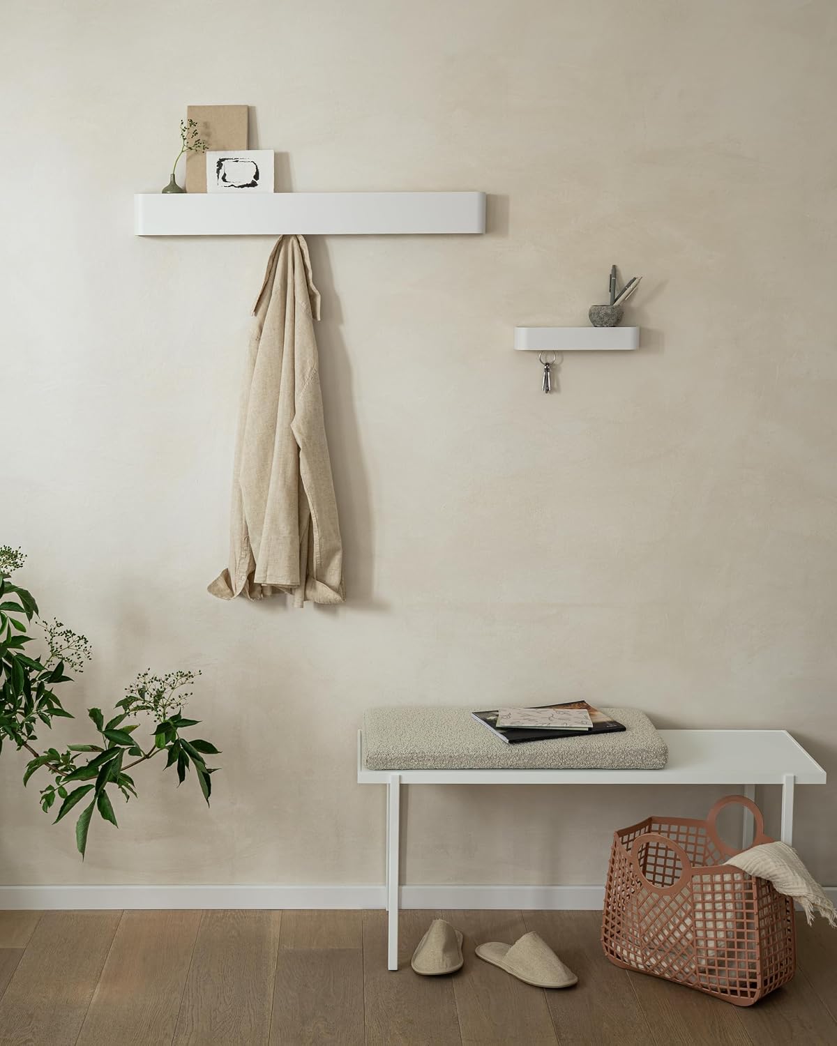 Kazai. Key Holder for Wall 'Tone' | Minimalist Key Hooks Design from Berlin | Modern Key Hanger with Metal Shelf | Key Hook Wall Mounted as Hallway Furniture | Sand Taupe
