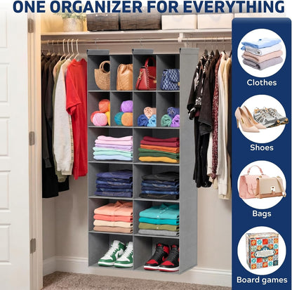 Ofiray-home 6 Tier Hanging Closet Organizer, 16 Compartments Sweater Organizer for Closet with 3 Sturdy Hooks, Closet Organizers and Storage, Wardrobe, Rv, Garment Rack, Grey