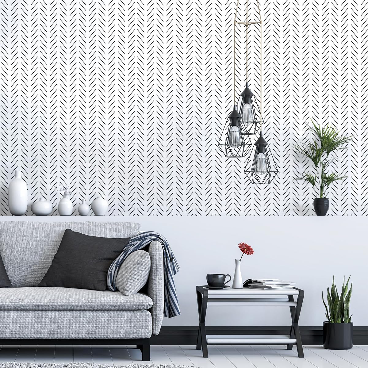 Erfoni Black and White Peel and Stick Wallpaper Modern Herringbone Contact Paper Bathroom 17.7inch x 118.1inch Geometric Removable Wallpaper Peel and Stick Self Adhesive Contact Paper for Accent Wall