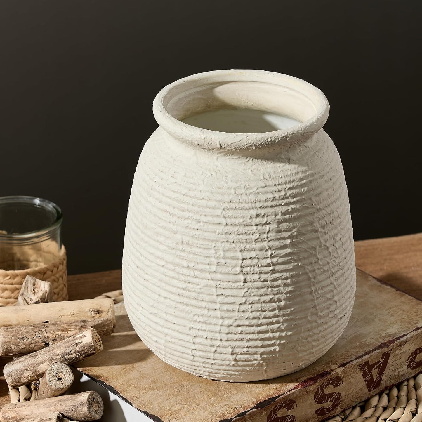 Ceramic Flower Vase, Small Rustic Farmhouse Vases Home Decor, Short Pottery Decorative Pampas Vase for Table Living Room Entryway Mantel Bookshelf Bedroom Bathroom Kitchen - 6" W