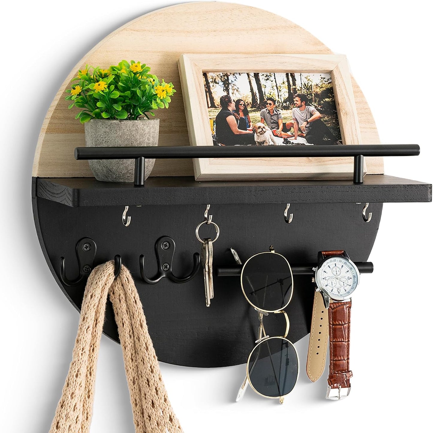 dreampossible Key Holder for Wall Decorative with Shelf and Hooks, Mail Organizer Wall Mount, Circular Design Entryway Key Rack Hanger, Rustic Home Decor (Black)