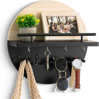 dreampossible Key Holder for Wall Decorative with Shelf and Hooks, Mail Organizer Wall Mount, Circular Design Entryway Key Rack Hanger, Rustic Home Decor (Black)