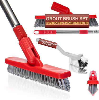 Shower Scrubber with Long Handle, Stiff Bristles Grout-Brush, Tub Scrub-Brush with Long-Handle, Shower-Cleaner Brush, Grout Cleaning Brush for Tile floors, Scouring Pad & Microfiber Cloth for Bathroom