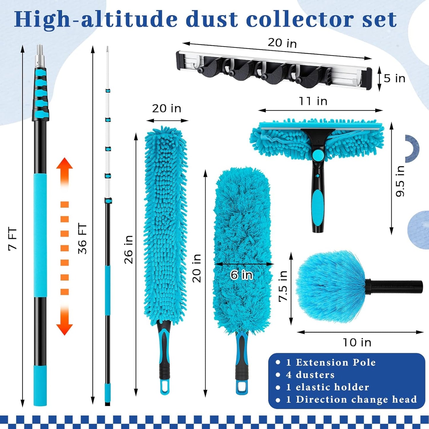 36ft Extra Long High Ceiling Duster with Extension Pole, Long Reach Cleaning Kit for Ceiling Fans, Windows & Cobwebs, Telescoping Pole with 6 Attachments for Home Church Warehouse Cleaning
