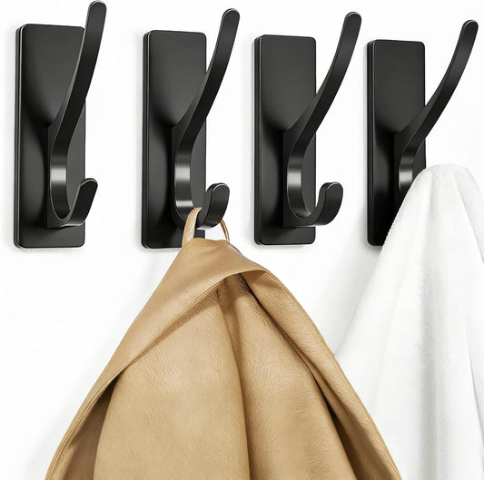 pickpiff White Self Adhesive Coat Hooks for Hanging: 13LB Extra Strong Stainless Wall Hook for Towel, Utensil, Backpack, Hat, Sturdy Metal Hanger for Bathroom, Kitchen, Door, 4-Pack