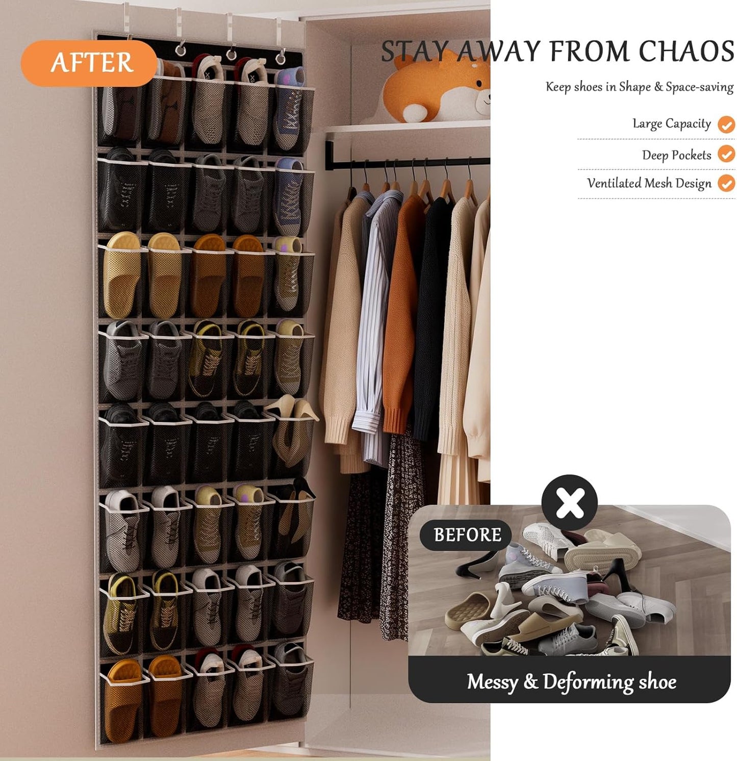 homyfort Over the Door Shoe Organizer, Hanging Shoe Rack Storage Holder with 24 Large Pockets for Closet Door, Men Women Kids Shoes, Cruise (Black)