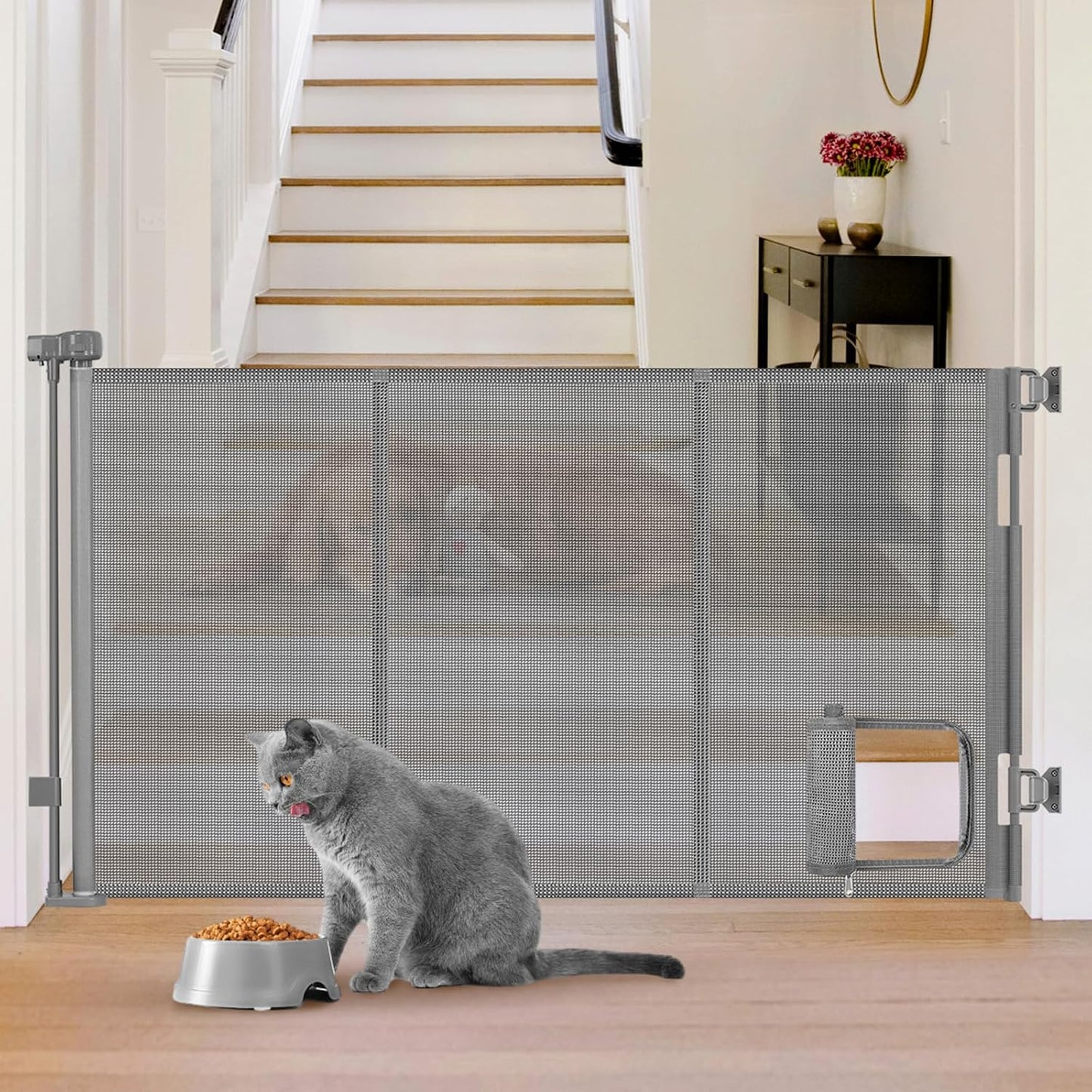 Reinforced 60” Wide Retractable Pet Gate with Cat Door Mesh Baby Gate for Stairs with Reinforced Strips Retractable Dog Gates with Cat Door Mesh Dog Gates for Doorways Separating Dogs from Cats, White