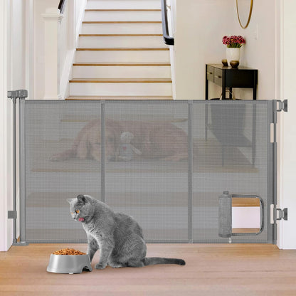 Reinforced 60” Wide Retractable Pet Gate with Cat Door Mesh Baby Gate for Stairs with Reinforced Strips Retractable Dog Gates with Cat Door Mesh Dog Gates for Doorways Separating Dogs from Cats, White