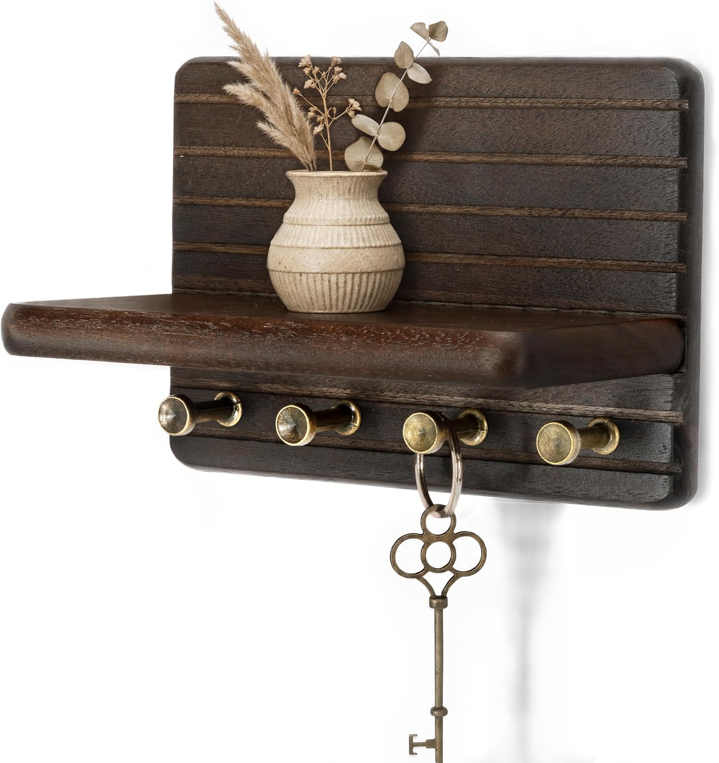 Rebee Vision Farmhouse Key Holder Wall Mount for Home Decor – Decorative Pine Wooden Key Holder for Wall with 6 Hooks & Floating Shelf - Rustic Charm for Room Decor Aesthetic (Brown)
