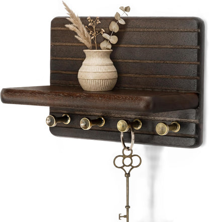 Rebee Vision Farmhouse Key Holder Wall Mount for Home Decor – Decorative Pine Wooden Key Holder for Wall with 6 Hooks & Floating Shelf - Rustic Charm for Room Decor Aesthetic (Brown)
