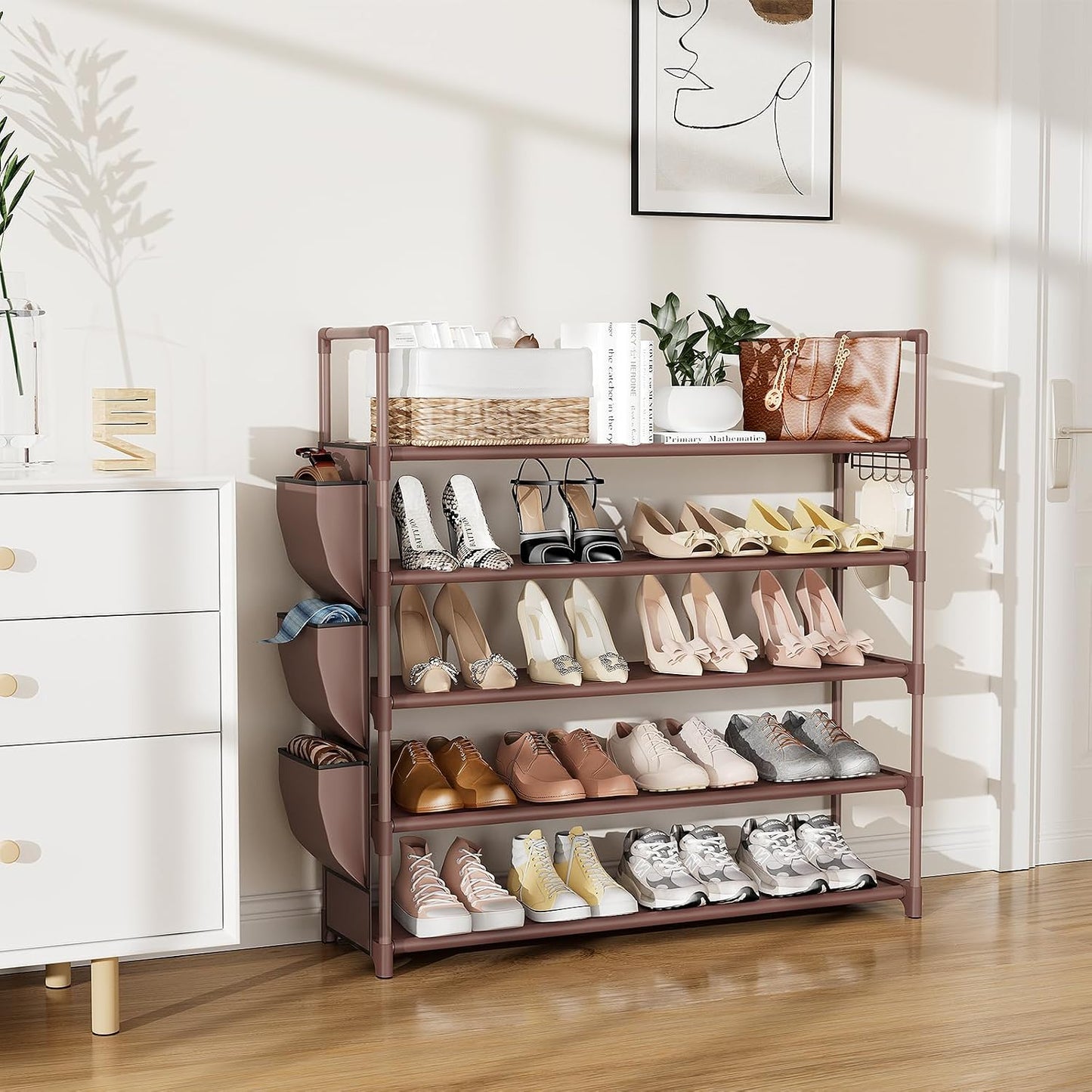 VILICK 5 Tier Shoe Rack with Hook and Side Pocket,Shoe Organizer Space Saver Storage for 20-25 Pair Shoe Storage Shelf Sturdy Free Standing Long Shoe Rack Organizer for Closet,Entryway,Small Spaces