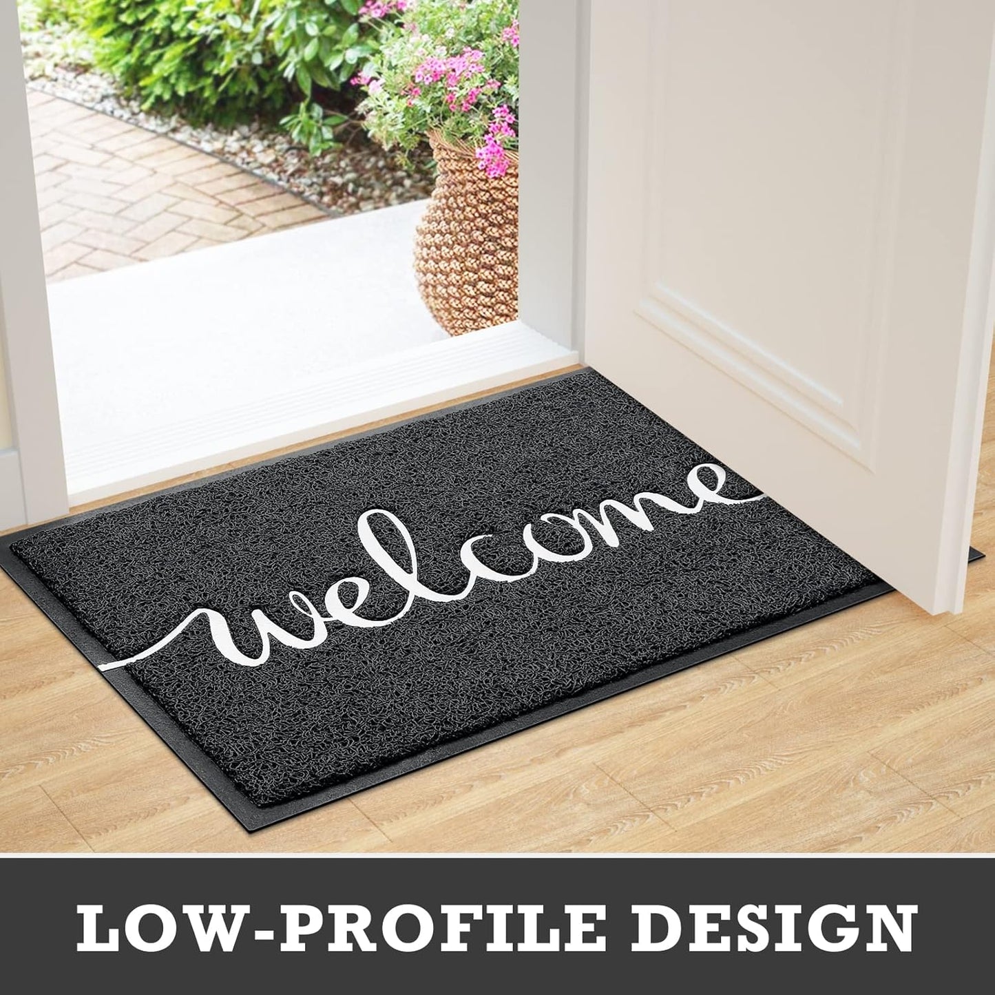 CozyBounty Black Door Mat Welcome Mats Outdoor Indoor Non-Slip Doormat for Entryway Low-Profile Floor Mat for Yard, Garage, High Traffic Areas (30"x17.5", Black)