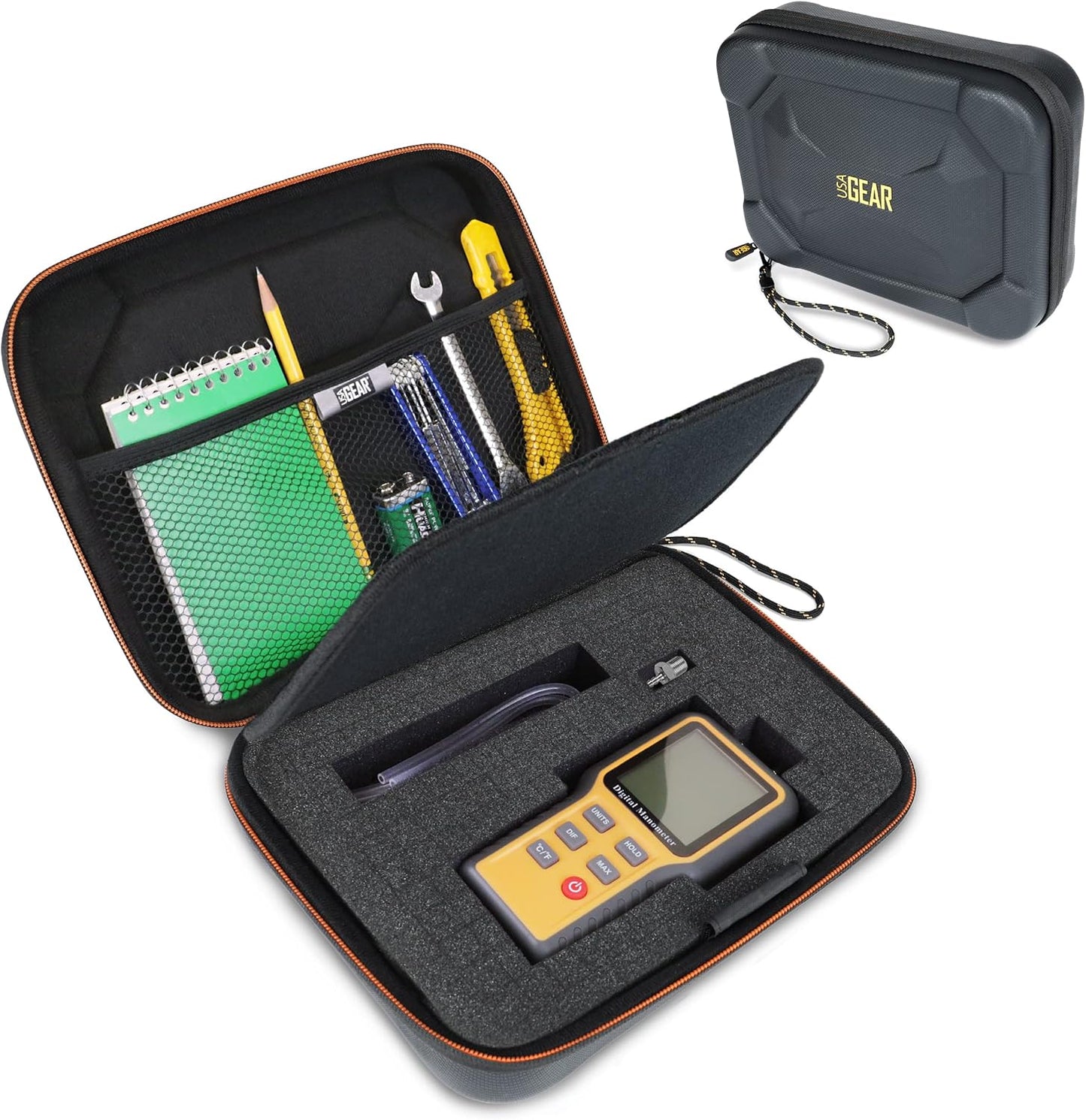 USA Gear Manometer Case with Customizable Foam Interior Fits Leaton Air Pressure Meter, Klein ET180, Batteries, Cables & more Manometer Accessories - Semi Rigid Case with Water Resistant Exterior