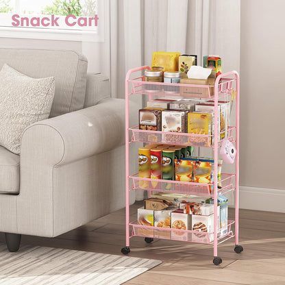 TOOLF 3-Tier Metal Rolling Cart, Mesh Wire Easy Assemble Utility Cart, Storage Trolley on Wheels with 3 Hooks, MetalStorage Shelving Units for Kitchen Bathroom Laundry Room