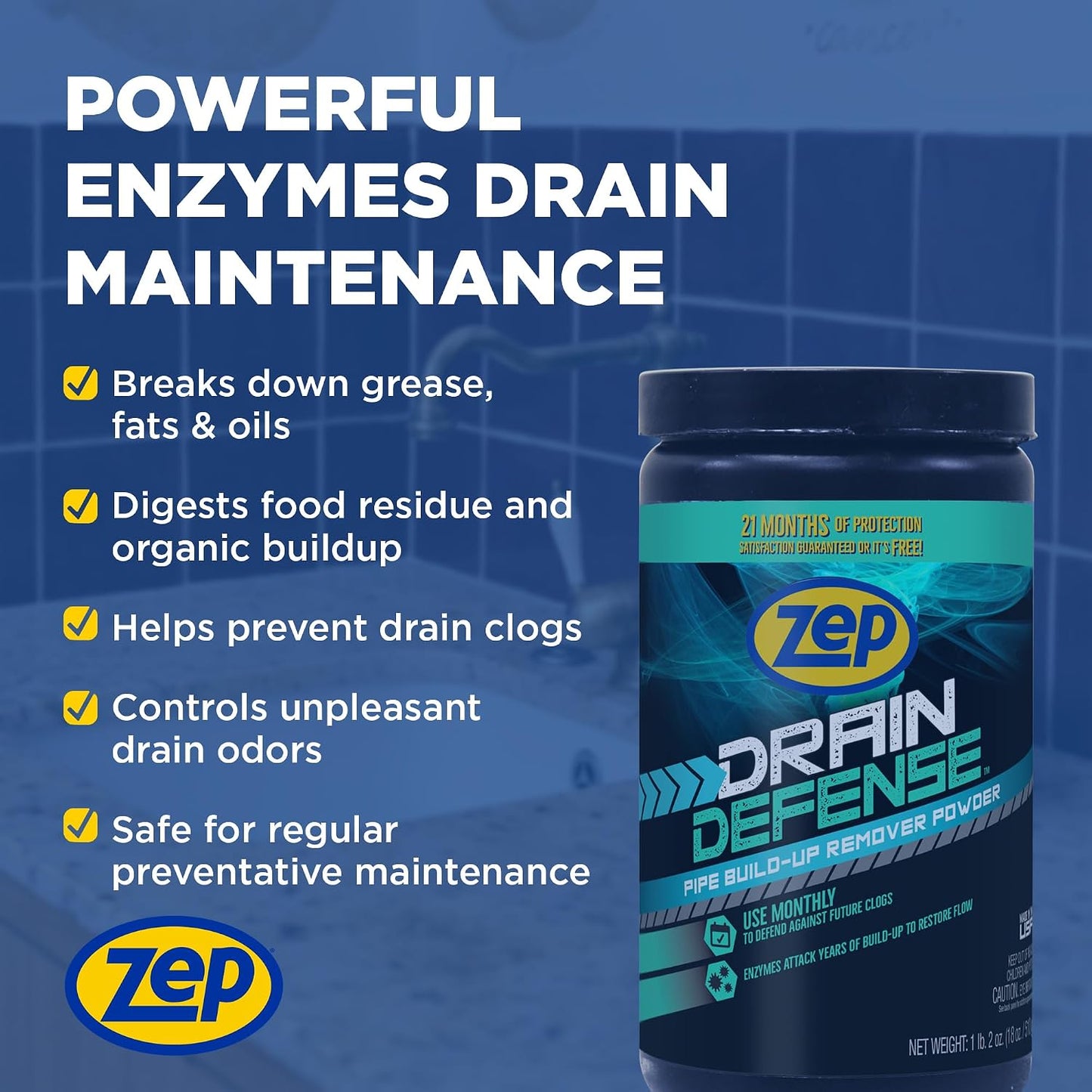 Zep Drain Defense Enzymatic Drain Cleaner Powder - 18 Ounces - ZDC16 - Safe for Pipes and Septic Systems, Pack of 1, white