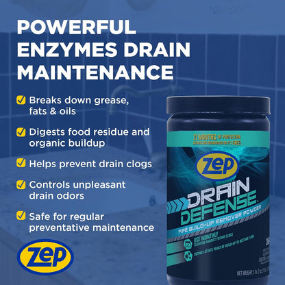 Zep Drain Defense Enzymatic Drain Cleaner Powder - 18 Ounces - ZDC16 - Safe for Pipes and Septic Systems, Pack of 1, white