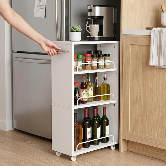 Slim Rolling Storage Cart,4 Tier White Rolling Utility Cart Slide Out Rack | Narrow Spice Rack Organizer Trolley for Kitchen Bathroom Larundry Small Corner 7.7inch wide