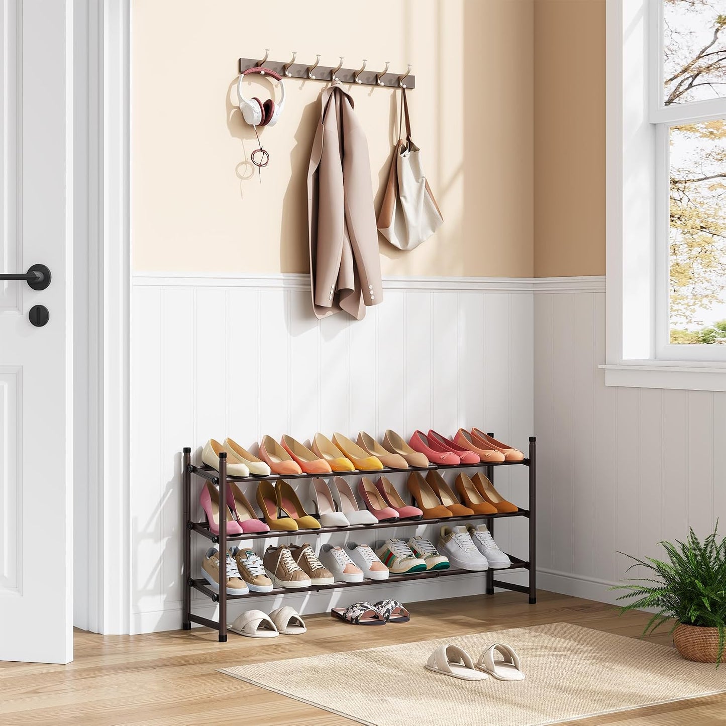 Tajsoon Expandable Shoe Rack for Closet 3 Tier, 28“-41“Adjustable & Stackable Shoe Shelf Storage, Metal Shoe Rack Organizer for Front Door Entrance, Closet, Garage, Entryway, Black