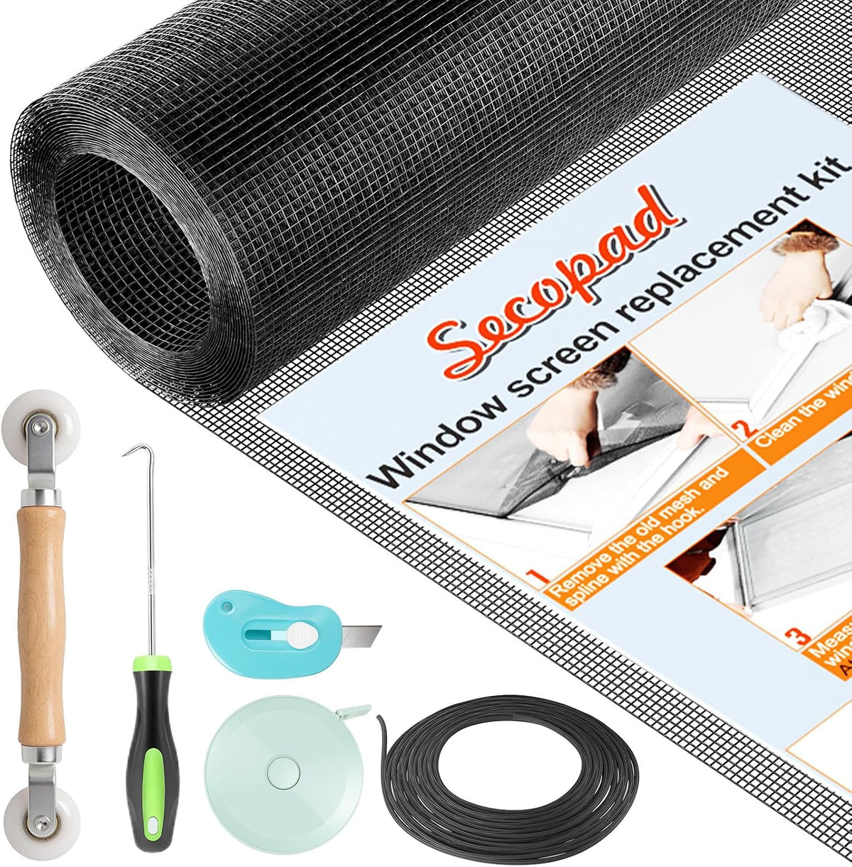 Secopad Window Screen Repair Kit, 39" x 78" Screen Door Mesh Replacement Kit, Durable Fiberglass Roll with Tools for Windows Doors Patio and Porch Replacement, Black