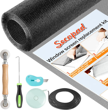 Secopad Window Screen Repair Kit, 39" x 78" Screen Door Mesh Replacement Kit, Durable Fiberglass Roll with Tools for Windows Doors Patio and Porch Replacement, Black