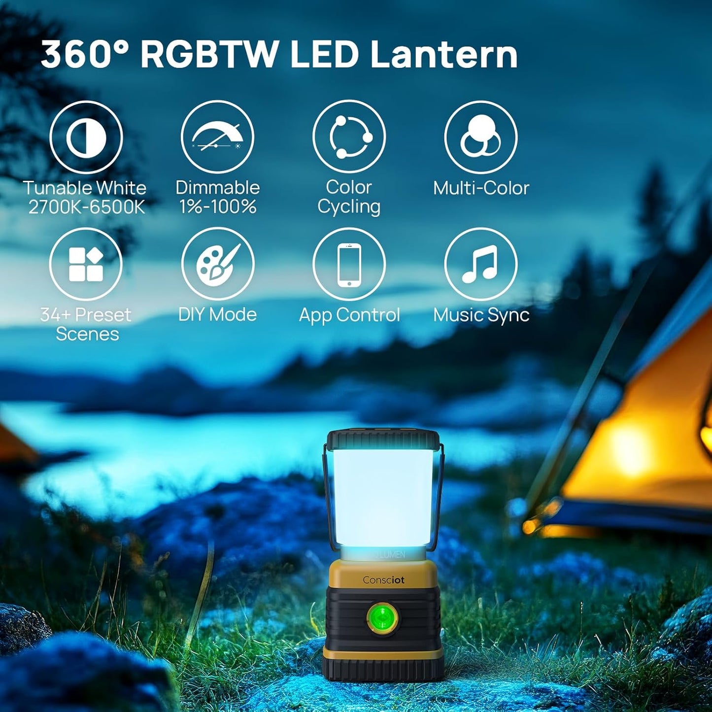 Consciot LED Battery Powered Camping Lantern, 1000LM, 4 Light Modes, IPX4 Waterproof Portable Tent Flashlight for Power Outages, Emergency, Hurricane, Hiking, Light Green, 2-Pack