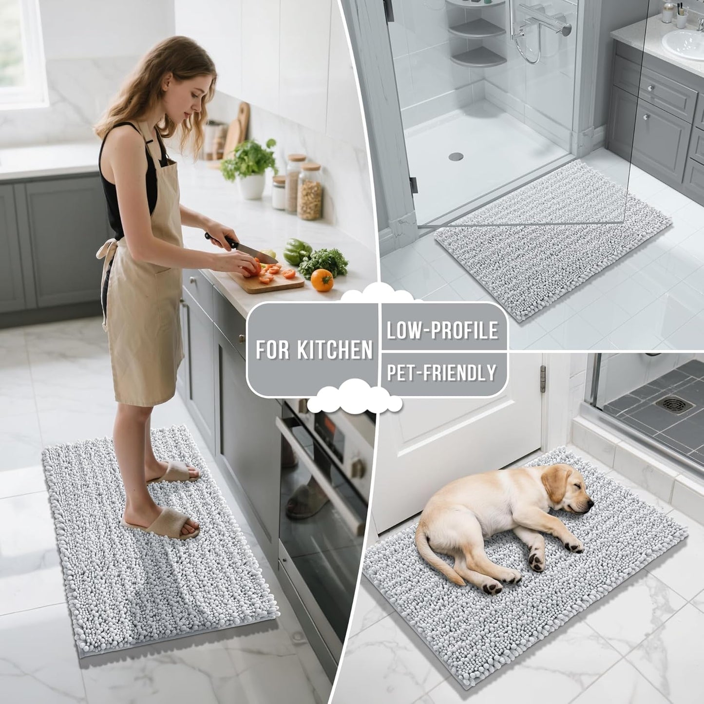 Yimobra Bathroom Rugs Non Slip Washable - Ultra Soft Absorbent Chenille Bath Mat, Quick Dry Shaggy Floor Carpet for Tub Shower, Gray Home Decor Accessories, 24x17 Inch